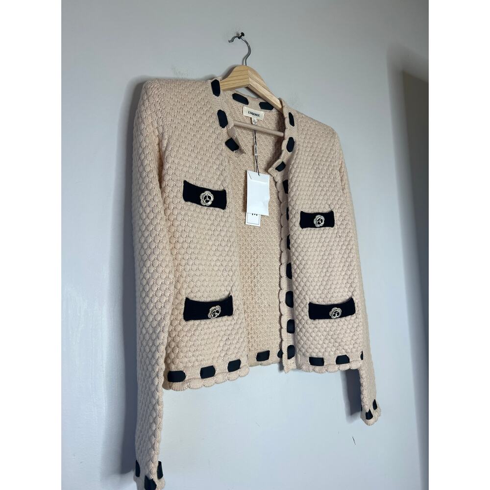 NWT L'Agence Strong Shoulder Decorative Knit Pockets Open Cardigan Cream XS - Picture 3 of 8